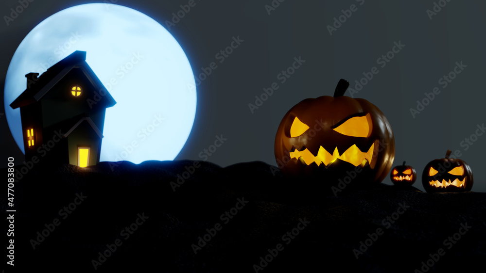 Jack O lanterns Halloween pumpkin scary face with orange light on dark ...