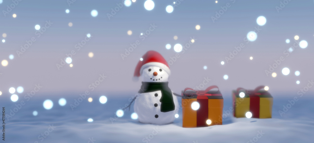 3D Blurred Scene Snowman wear red hat green scarf and gold gift box on white snow snowy and colorful bokeh soft blue light in winter season on the cold day happy Christmas December and happy new year 3D Blurred Scene Snowman wear red hat green scarf and gold gift box on white snow snowy and colorful bokeh soft blue light in winter season on the cold day happy Christmas December and happy new year