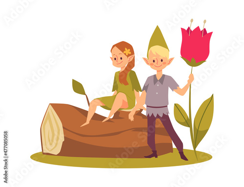 Cute elves boy and girl in the forest, cartoon flat vector illustration isolated on white background.