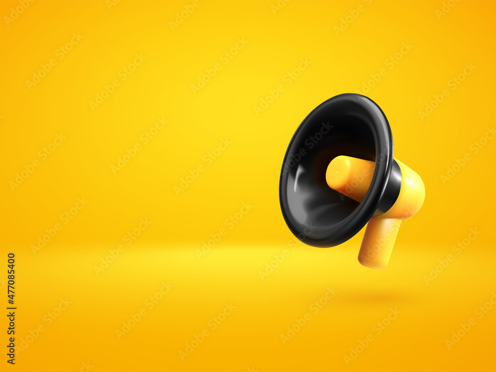 Loudspeaker on yellow background vector illustration. 3d megaphone banner template. Hiring new job vacancy, announcement, special offer