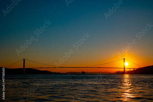 Bosphorus Bridge. Silhouette of Bosphorus Bridge at sunset in Istanbul. © senerdagasan