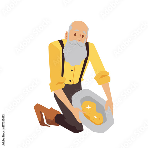 Old gold miner or prospector male character, flat vector illustration isolated.