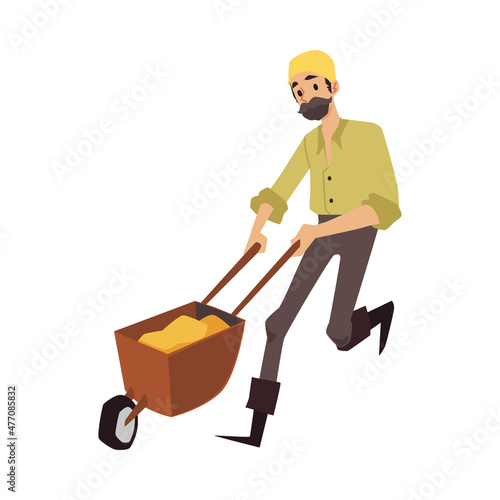 Gold digger, pitman or prospector with cart, flat vector illustration isolated.