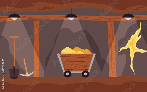 Underground gold mine background, vector illustration. Gold digging and mining.