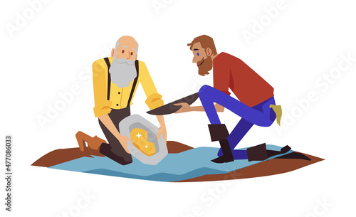 Bearded male gold diggers wash sand in river in search of nugget in flat vector