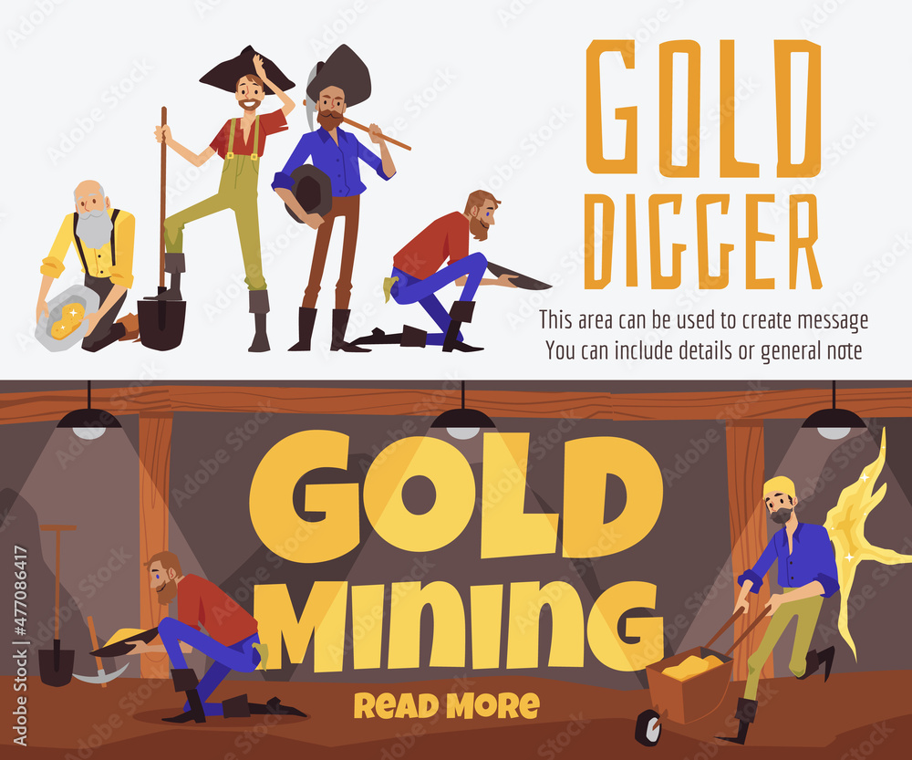 Gold diggers have found gold mine in wild west in flat vector illustration