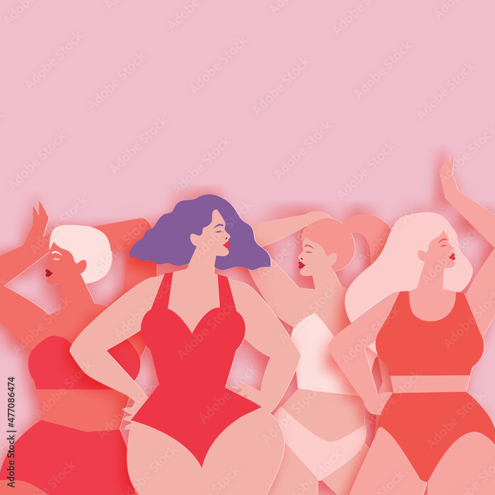 Four women of different cultures dancing or standing together. Women's friendship. Happy Women's day. Mother's Day. Venera, Venus female paper cut style. Body positive. Summer time.