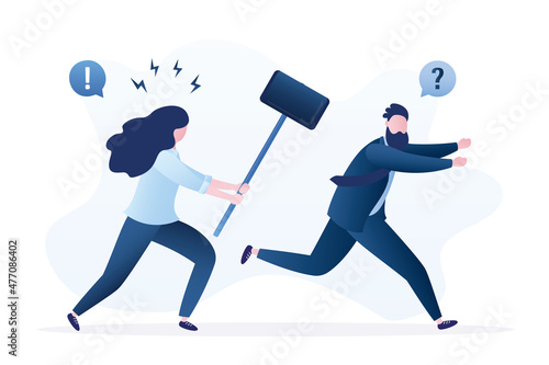 Angry businesswoman chasing office man with a sledge hammer. Business revenge and anger concept. Punishment for poor performance.