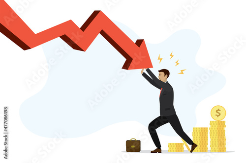 Businessman or trader confronts falling chart. Male investor is trying to restrain fall in stock quotes. Reduce profits. Financial crisis, problems in economy, concept.