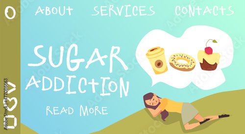 Hungry woman sleeps and dreams about sweet food and drinks, landing page template - flat vector illustration.