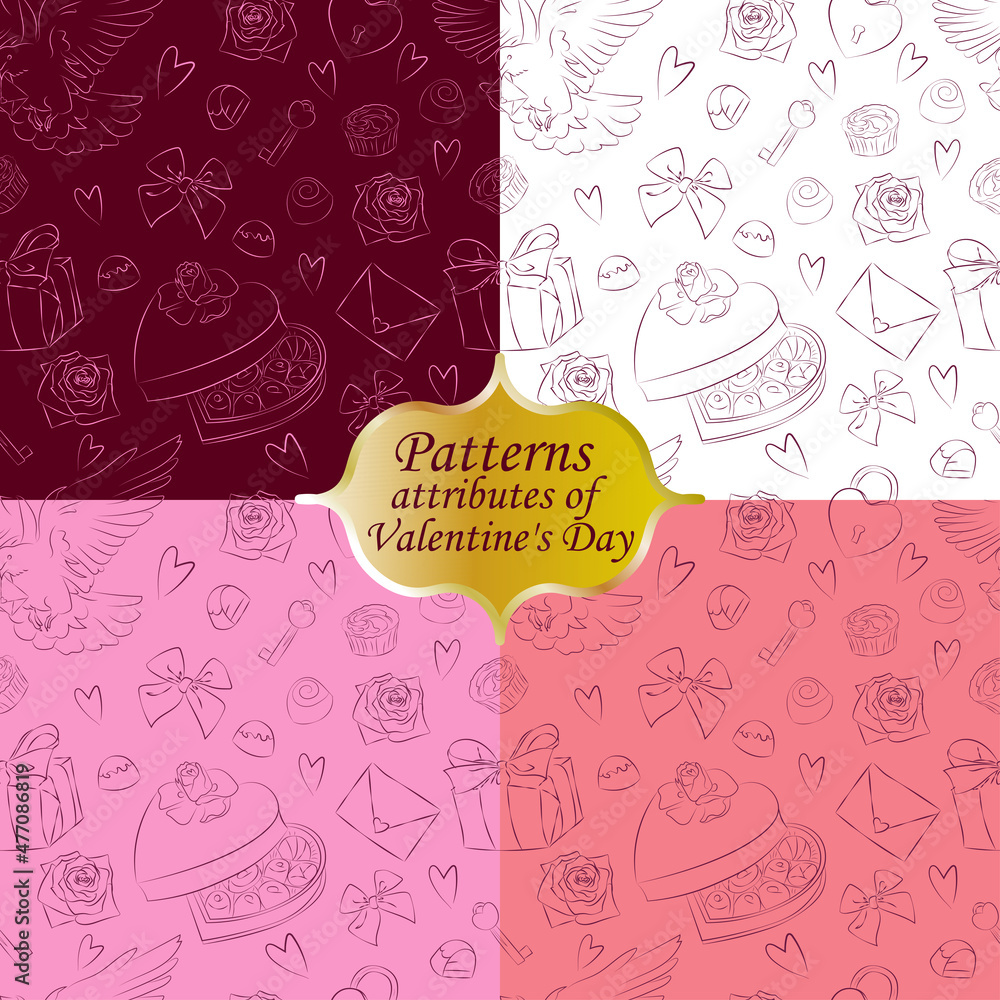 A set of seamless patterns with Valentine's Day paraphernalia in pink tones and on a white background A set of seamless patterns with Valentine's Day paraphernalia in pink tones and on a white background
