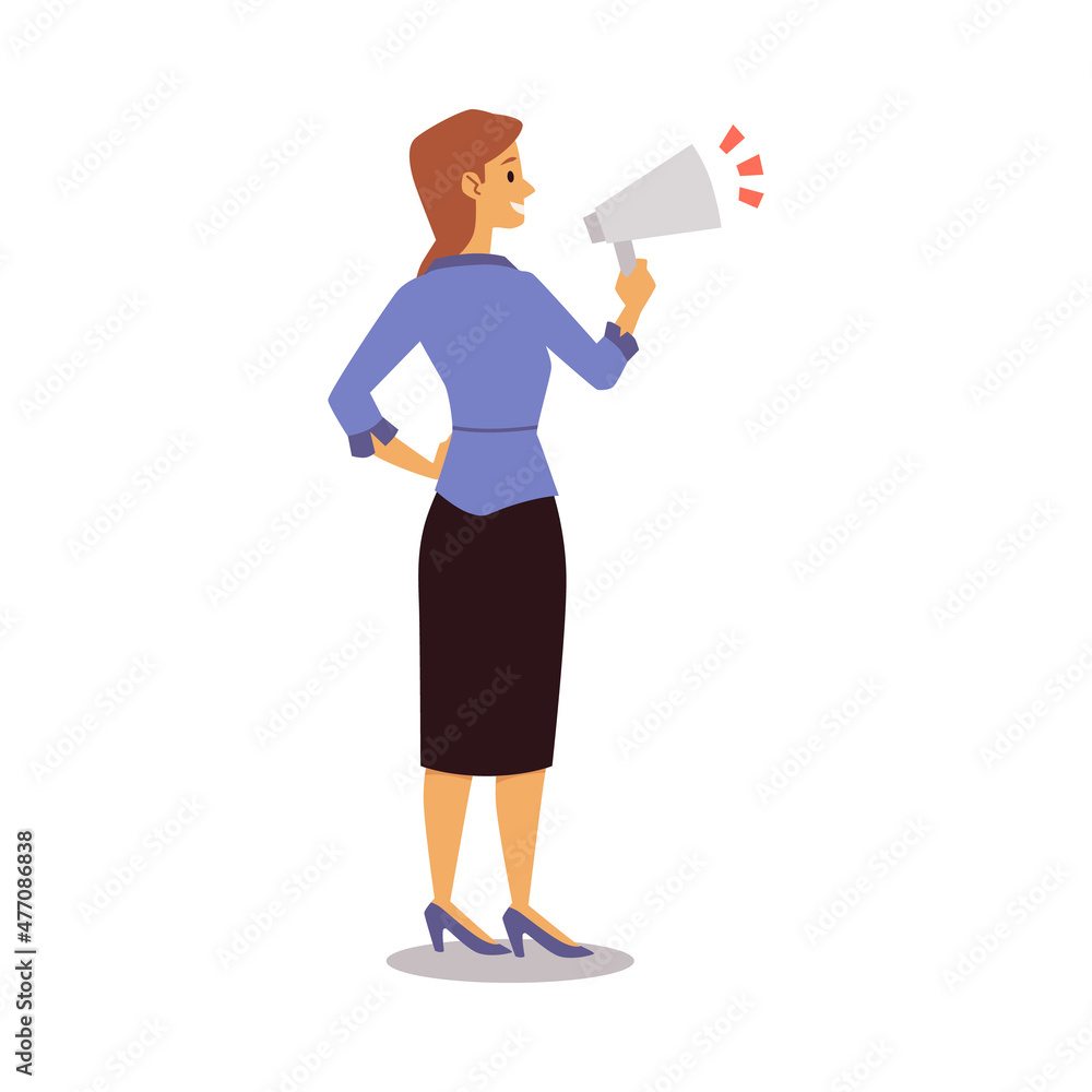 Business woman standing yelling in megaphone, flat vector illustration isolated. Business woman standing yelling in megaphone, flat vector illustration isolated.