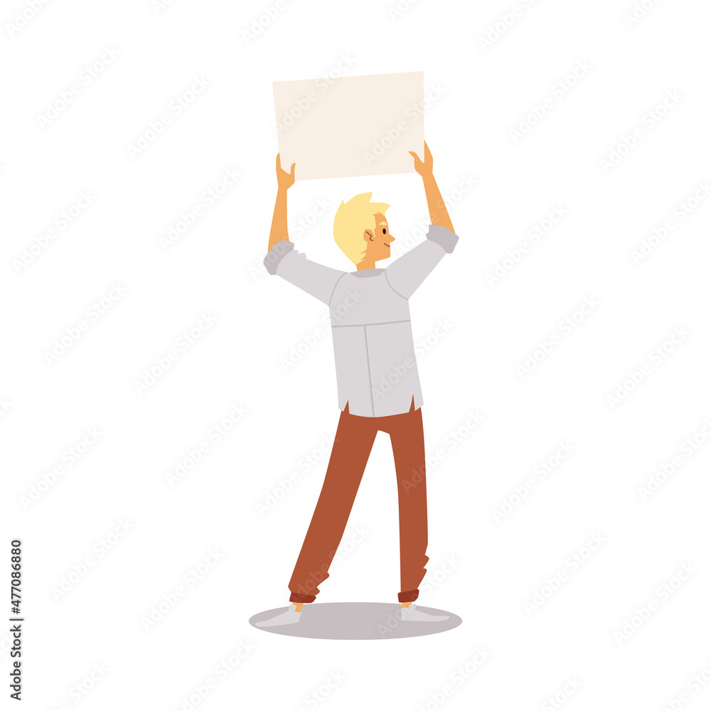 Man standing holding white blank banner, flat vector illustration isolated.