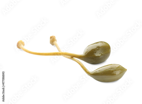 Two delicious pickled capers on white background