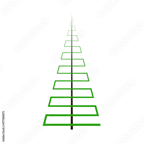 Simple icon green tree pyramidal shape. Abstract crown like green serpentine ribbon. Smooth straight black trunk. Coniferous tree isolated. Evergreen spruce imitation. Emblem, badge, logo, label idea.