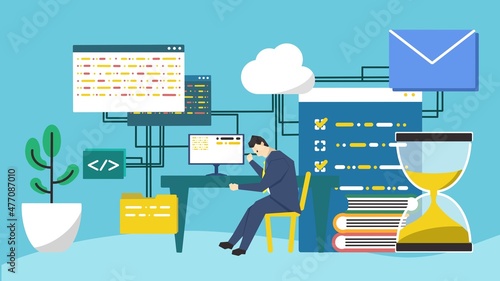 時間に追われながらプログラミングやデスクワークを行うビジネスマン（青）　Illustration of a businessman doing programming and desk work