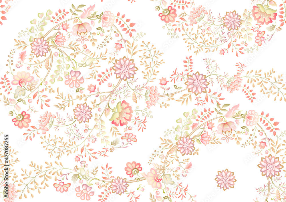 A lot of different fantasy flowers. Millefleurs trendy floral design. Blooming midsummer meadow seamless pattern. Seamless pattern, background. Vector illustration. Gradients colors