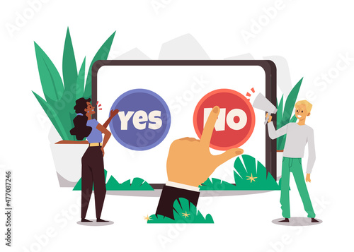 Yes or no answer, decision making process - flat vector illustration isolated on white background.
