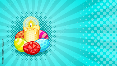 Vector Yellow beeswax candle with easter eggs on a blue pop art Background with radial lines and dots