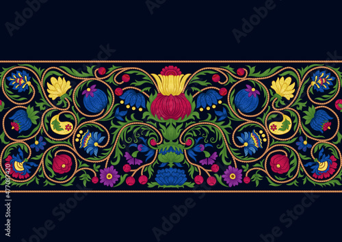 Fantasy flowers in retro  vintage  embroidery style. Seamless pattern  background. Colored vector illustration.