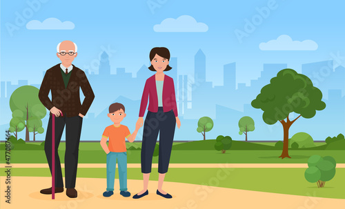 Walking around city grandfather and mother grandchild. Grandpa spending happy time outdoor with family