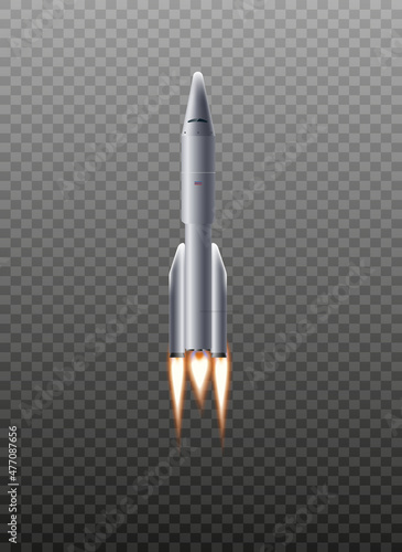 Space rocket launching with flame, realistic vector illustration isolated.
