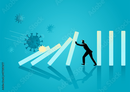 Businessman trying to stop domino effect caused by pandemic