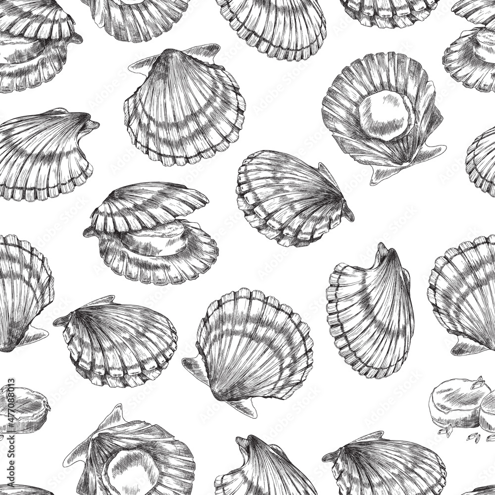 Seamless pattern with scallops mollusks in shells, engraving vector illustration. Seamless pattern with scallops mollusks in shells, engraving vector illustration.