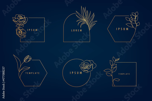 Vector set of luxury artdeco floral frames, logo design templates and monogram concepts, linear style emblems for fashion, beauty, social net