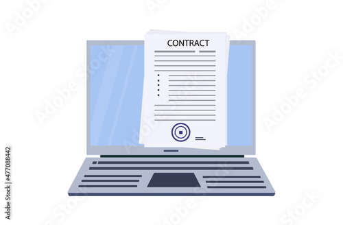 Computer with contracts online. 3d financial papers, agreements. Conclusion of a business transaction in electronic form. Agreement printed on the computer screen. Execution of obligations. Vector