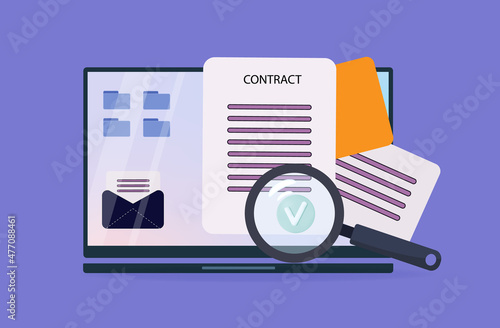3d computer with contracts, documents online. Financial papers, agreements on the desktop. Electronic business transaction verification. Contract with a stamp on the computer screen. Vector