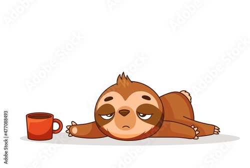 A tired sloth reaches for a mug of coffee. Vector illustration for designs, prints and patterns. Vector illustration © EnyaLis