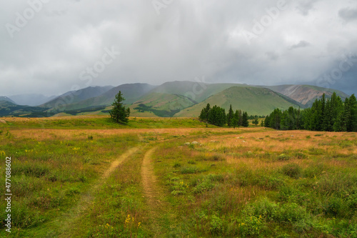 Off road through the rainy summer mountain plateau. Terrible thunderclouds have hung over the autumn valley. The sky before a thunderstorm with thunderclouds.