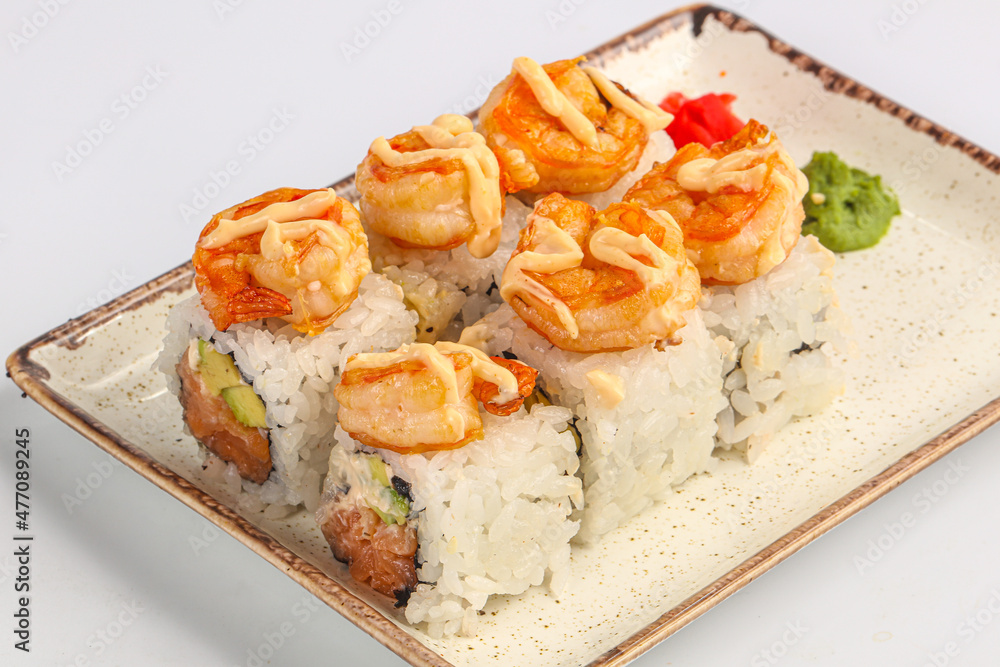 Japanese roll with salmon and prawn Japanese roll with salmon and prawn