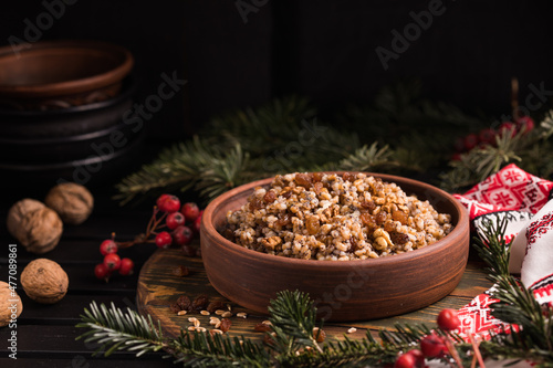 Kutya. Traditional Christmas slavic dish kutia porridge made of wheat grains  poppy seed  nuts  raisins and honey. Eastern Orthodox Christians in Ukraine  Belarus and Russia.