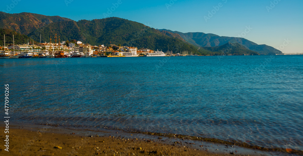MARMARIS, TURKEY: Landscape with a view of the old town, Fortress and ships in Marmaris on a sunny day.