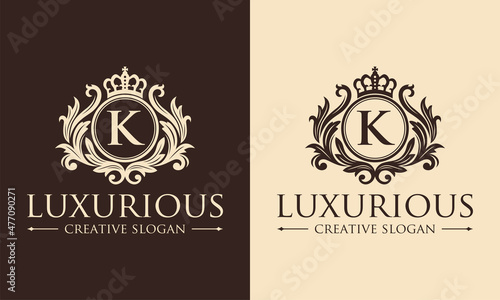 Luxury logo monogram crest template design vector illustration. Royal brand vintage vignette ornaments.