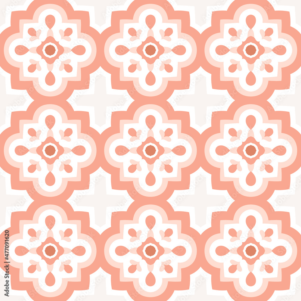 Ceramic geometric tiles seamless pattern. Kitchen pottery design, Italian, Moroccan artwork. Simple background in pink and coral colors. Vector floor decorative illustration.