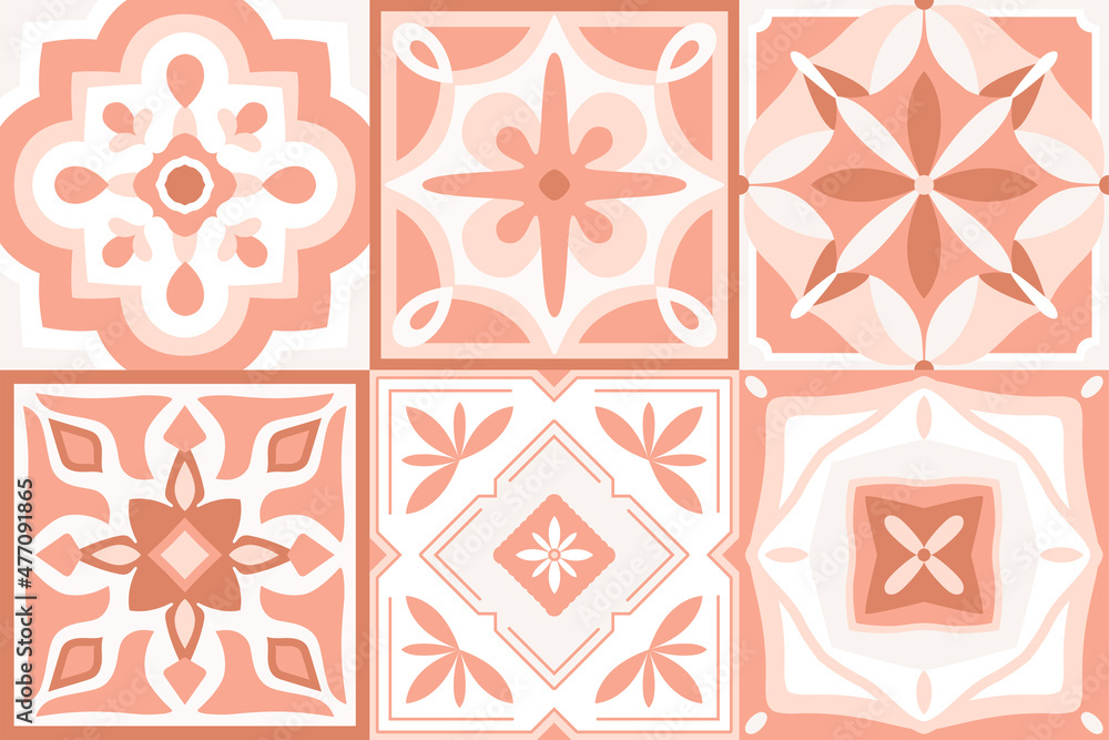 Ceramic tiles, simple patterns set. Azulejo, Spanish patchwork ornaments, Moroccan, Portuguese background in pink pastel colors. Majolica, decorative pottery design, vector illustration.