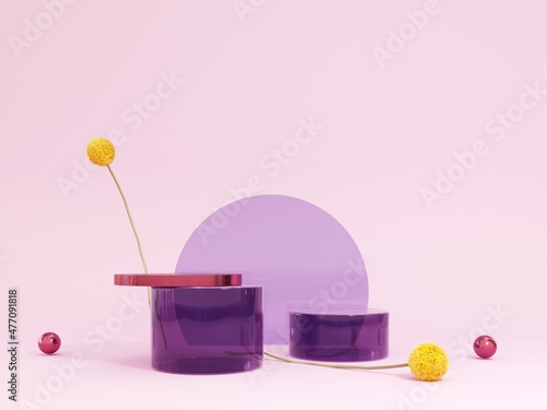 Bild auf Leinwand Premium podium, stand, platform with flowers and violet elements for advertising products - 3D render
