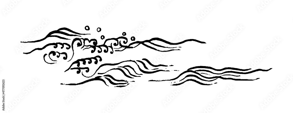 モノクロ和風イラスト 墨筆の細い繊細な波 横長のデザイン デフォルメ 海 毛筆 水しぶき 線画 渦 Stock Vektorgrafik Adobe Stock