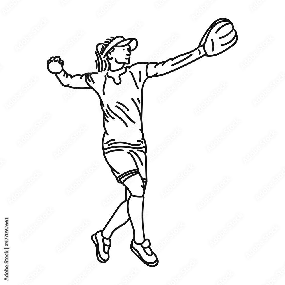 black line art of a stylish posing woman playing baseball