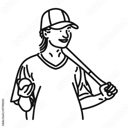 black line art of a stylish posing woman playing baseball