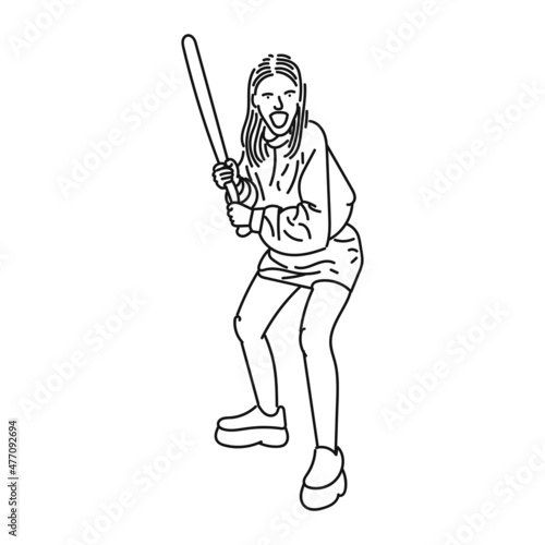 black line art of a stylish posing woman playing baseball