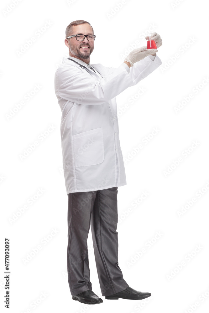 smiling doctor with a laboratory flask in his hands . smiling doctor with a laboratory flask in his hands .