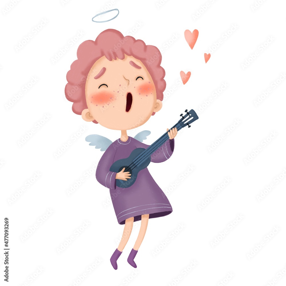 Cute cartoon angel plays guitar and serenades Cute cartoon angel plays guitar and serenades