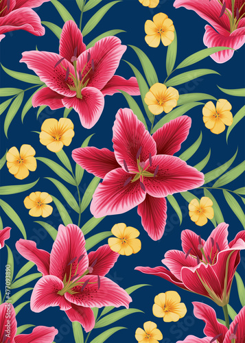 Seamless pattern of Lily flower with leaf background template. Vector set of floral element for tropical print, wedding invitations, greeting card, brochure, banners and fashion design.