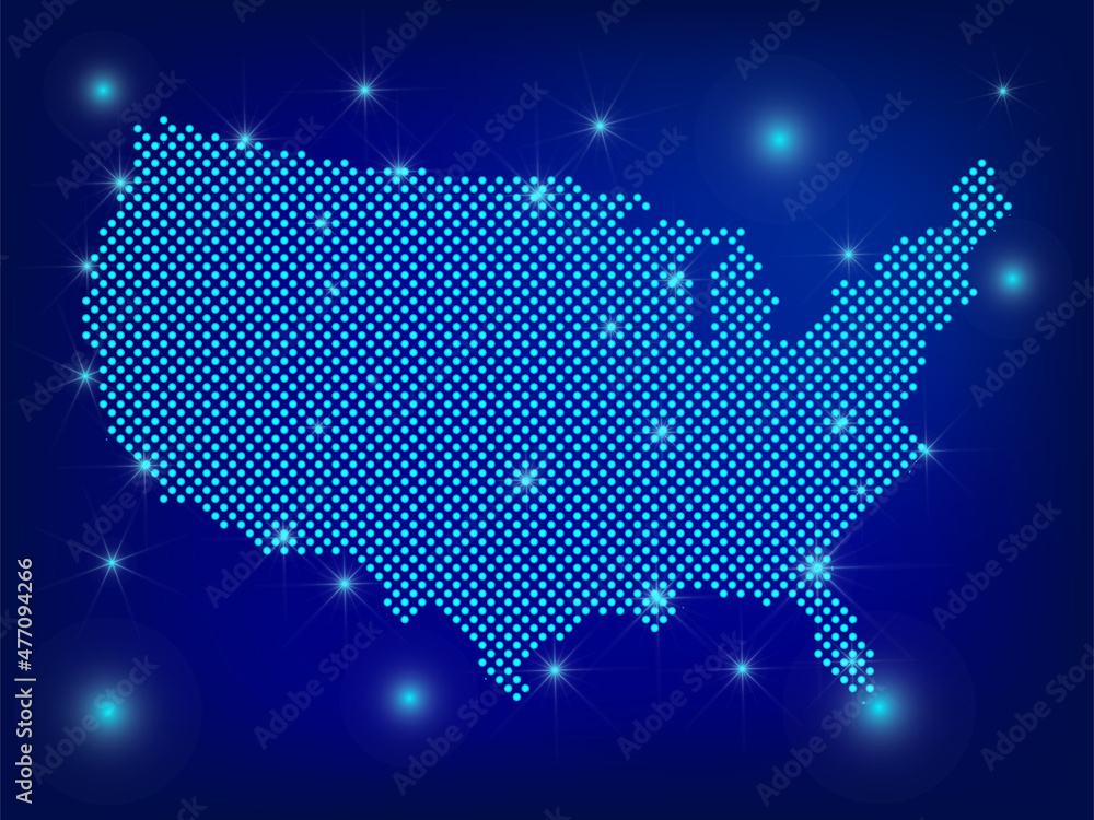 USA map in blue. Dotted map. Dots  United States of America map with spotlights on dark blue background.  Global social network.  Blue futuristic background with map of United States. EPS10