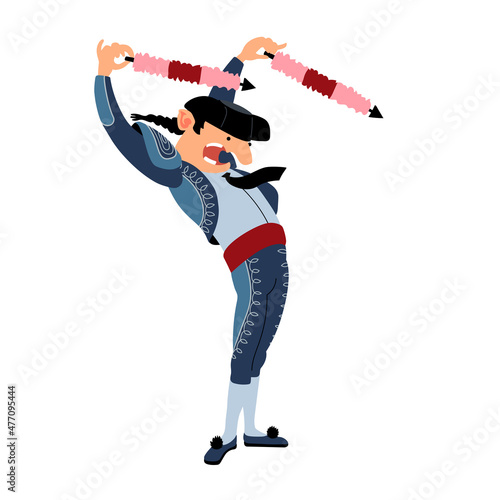 A brave screaming banderillero with banderillas, a Spanish bullfighting character. Caricature. Color vector illustration isolated on a white background in a cartoon and flat design.