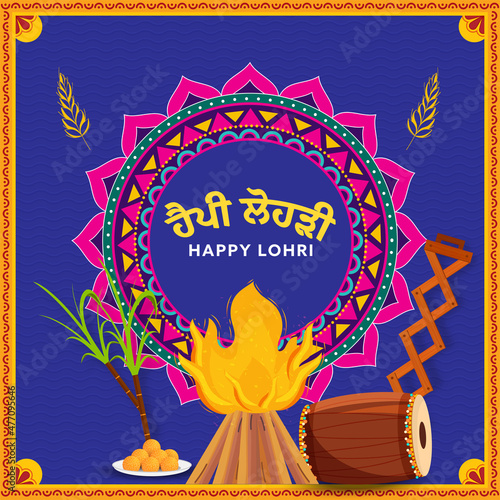 Punjabi Lettering Of Happy Lohri With Bonfire, Music Instrument, Sugarcane, Indian Sweet (Laddu) On Blue Mandala Frame Background.